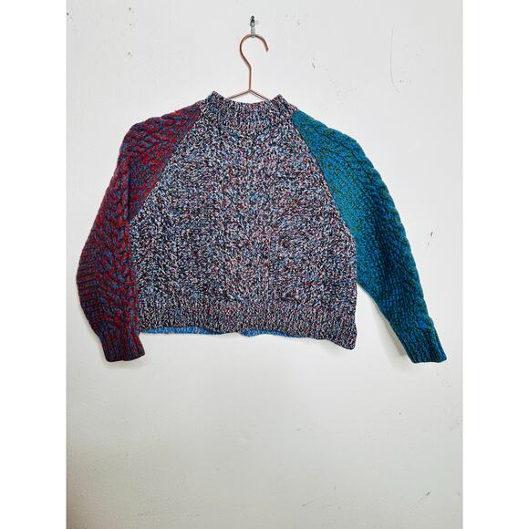 JIL SANDER NAVY Blue Red Colorblock 100% Wool Cable Knit Long Sleeve Sweater M - Picture 2 of 13